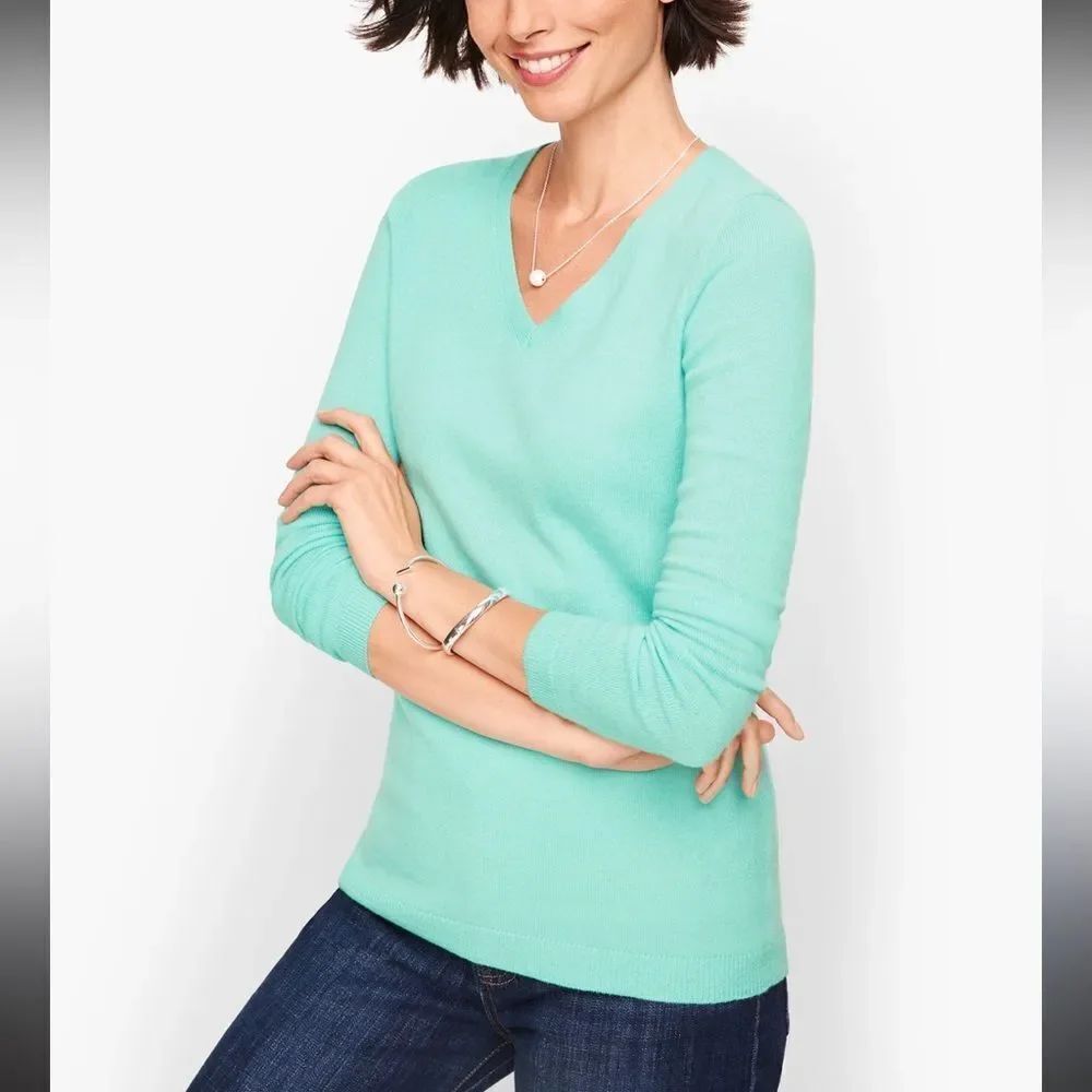 Claudia Nichole Cashmere Aqua V-Neck 7/8 Sleeve Sweater Size L